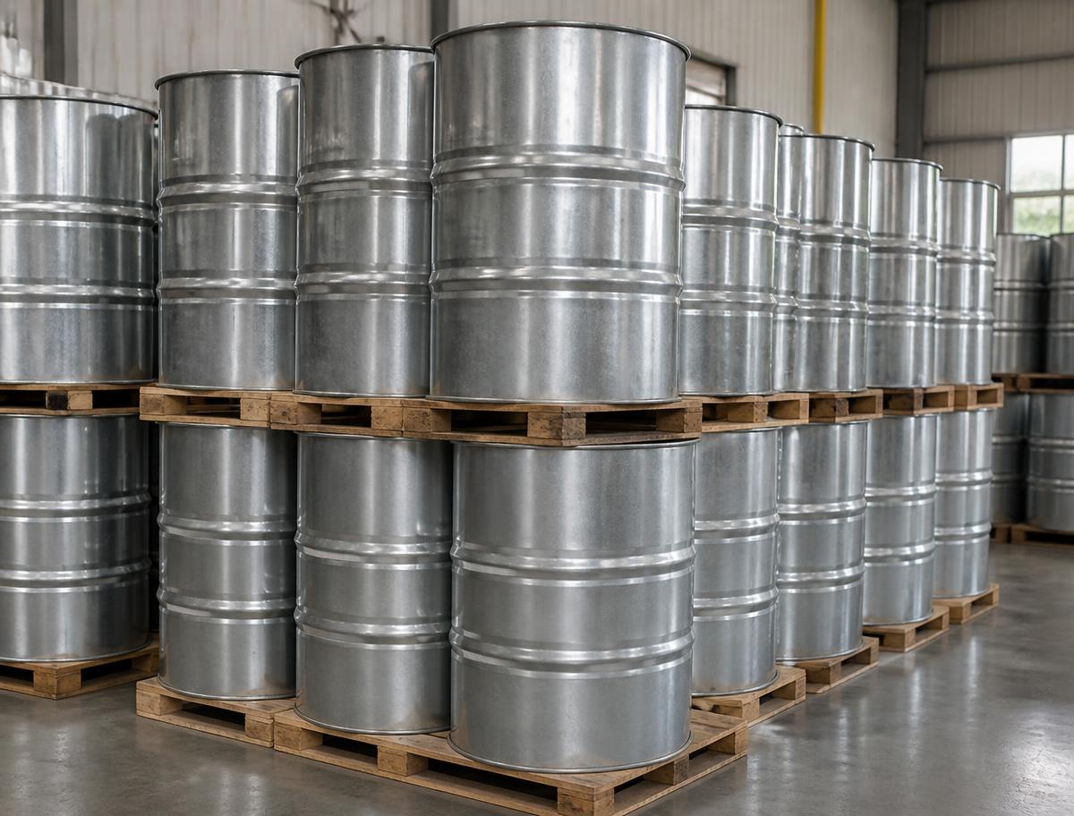 Rows of 220 litre galvanised metal barrels on pallets